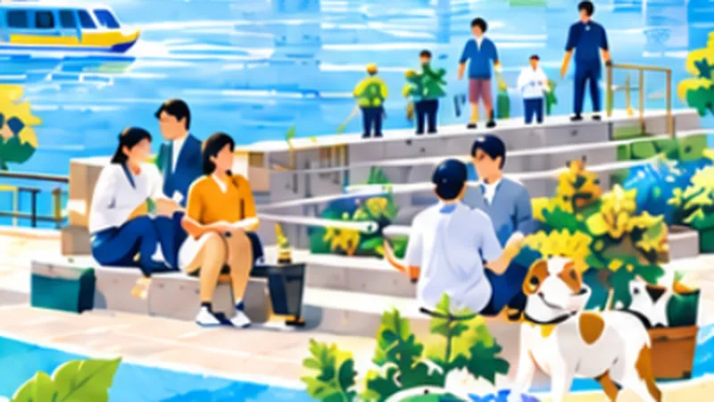 水辺の階段に座って話す人たちと犬のイラスト
