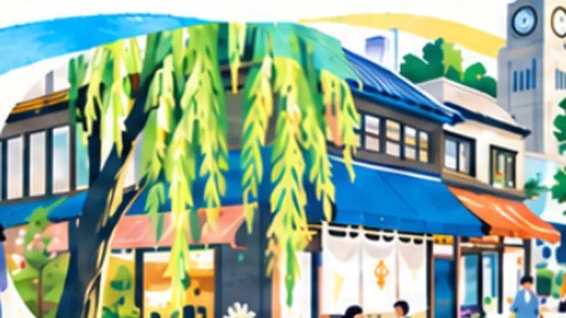 柳の木と商店が並ぶ通りのイラスト