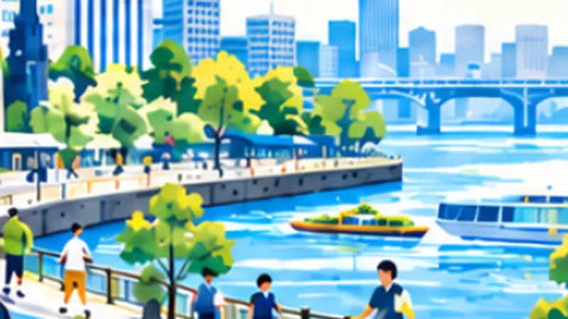 川沿いの遊歩道を人が歩くイラスト