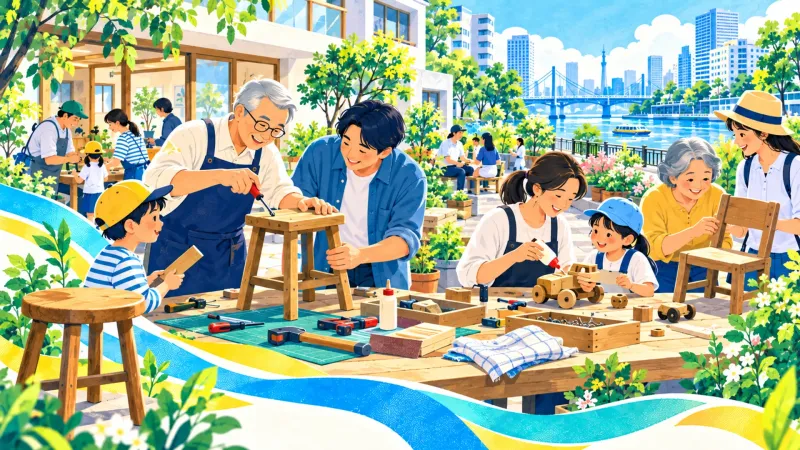 大人と子どもが一緒に木の椅子やおもちゃを直すイラスト