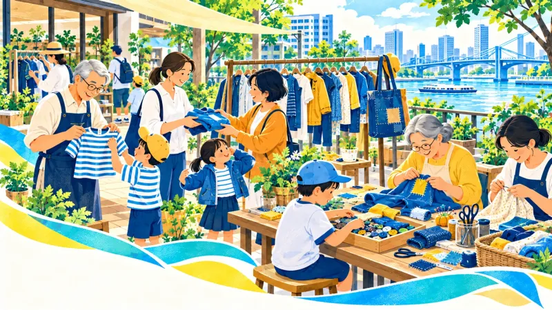 服を譲り合い、ほころびを繕う住人たちのイラスト