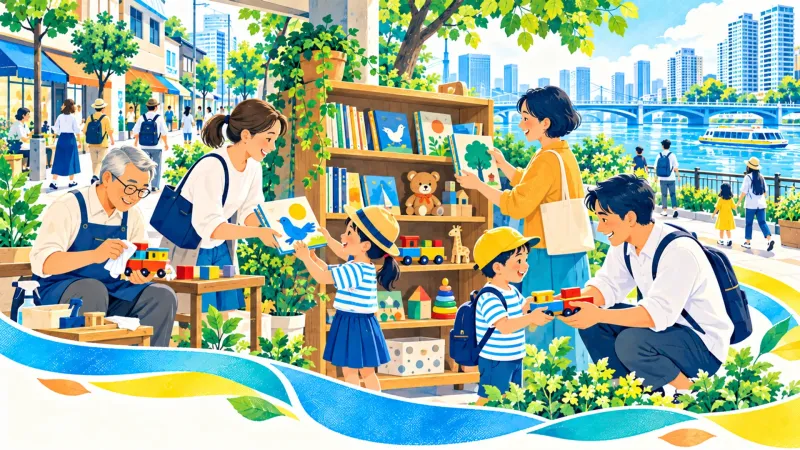 まちの本棚で絵本やおもちゃを分け合う親子のイラスト