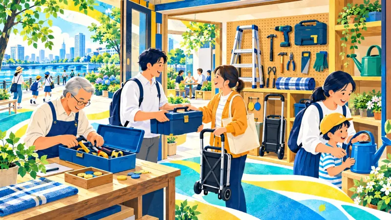 工具やじょうろを貸し借りする住人たちのイラスト