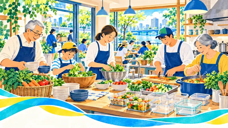 みんなで野菜を料理し、容器に分ける台所のイラスト