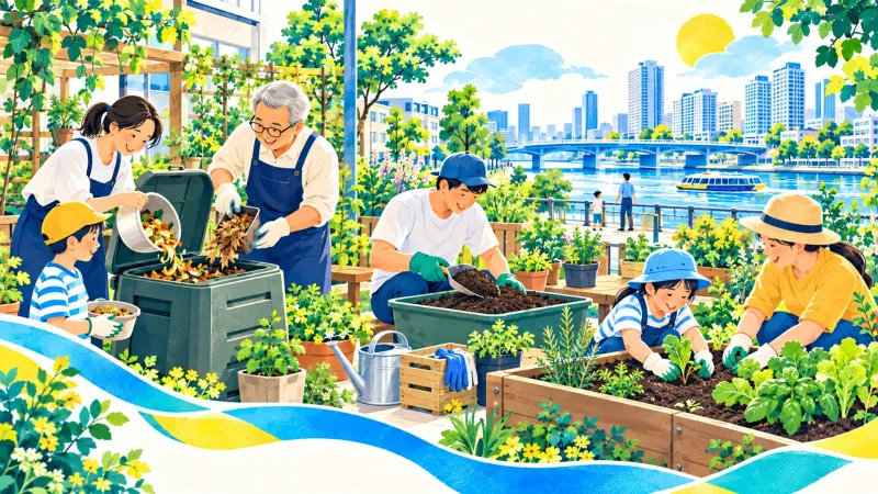 野菜くずを堆肥にして畑に使う親子のイラスト
