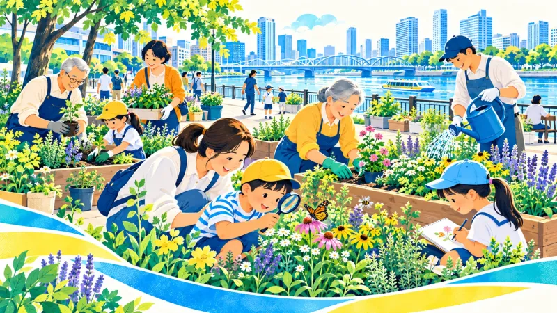 花壇で虫めがねを使って生きものを観察する子どもたちのイラスト