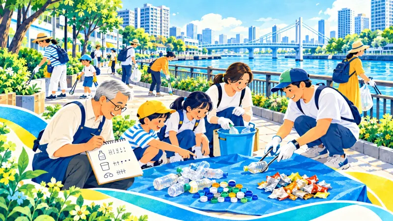 川沿いでごみを拾い、種類ごとに数える住人たちのイラスト