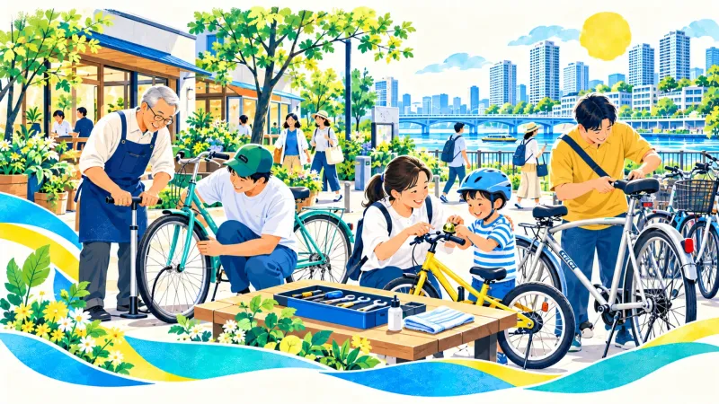 自転車の空気入れや点検を教え合うイラスト