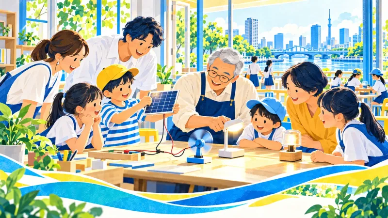 小さな太陽光パネルで明かりや扇風機を動かす子どもたちのイラスト