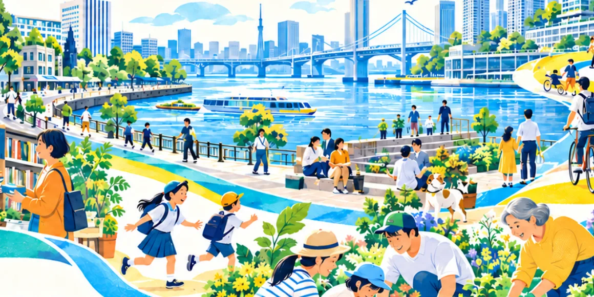 中央区の下町と水辺がつながるイラスト