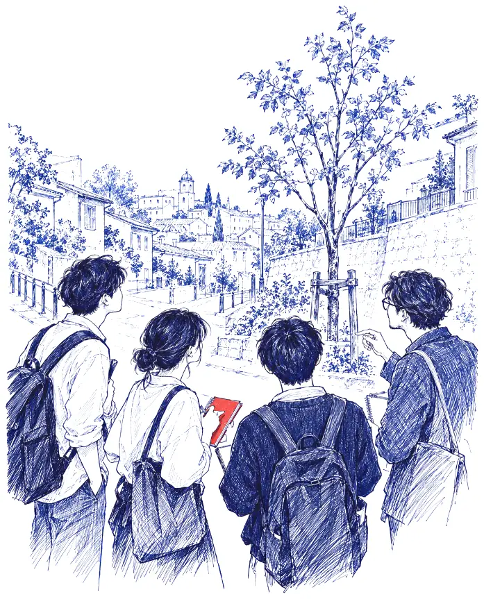 学生たちが街で話し合う様子のイラスト